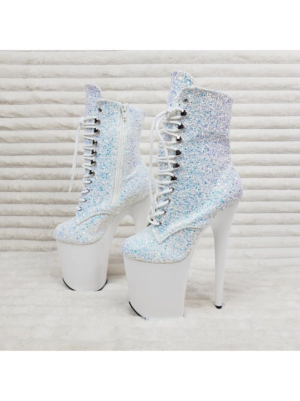 White Ice UV Glitter 8" Platform Heel Ankle Boots Flamingo - Picture 7 of 12
